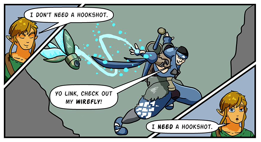 Link says he doesn't need a hookshot. The hunter from Monster Hunter Rise is grappling onto a wirefly, saying "Yo Link, check out my wirefly!" Link then says he needs a hookshot.
