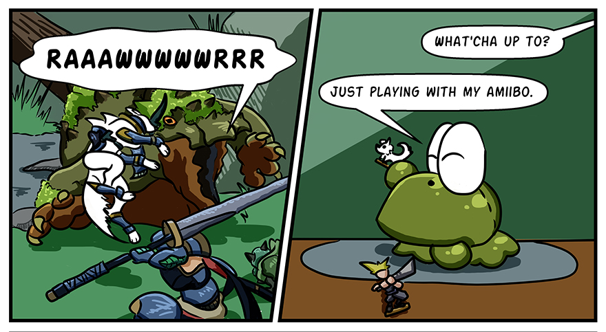 A monster hunter, palamute, and palico are fighting a Tetranadon. In the next panel, someone asks Frogdor what he is doing, and he is playing with his Amiibo.