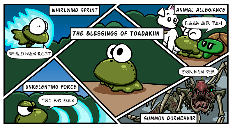 The comic shows Frogdor with the heading, "The Blessings of Toadakiin" and describes his powers - Whirlwind Sprint, Animal Allegiance, Unrelenting Force, and of course, Summon Durnehviir