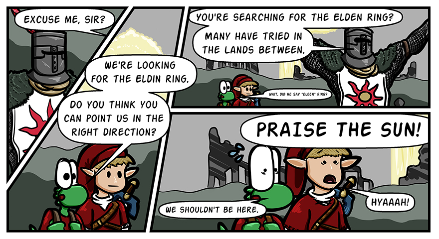 Iggy and Link are looking for the Eldin Ring, and ask a wandering knight for help. When it's revealed that it's the Soltaire of Astora and they're in the world of Dark Souls, they are horrified.