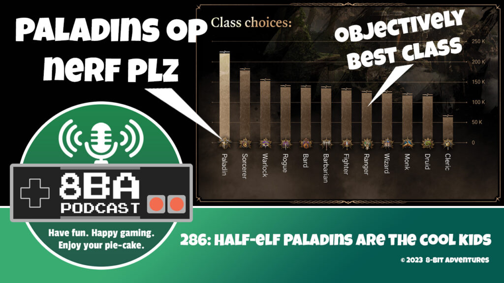 A chart from Larian Studios showing the most popular classes in Baldur's Gate 3, with paladins being the most popular. There are notes that say "Paladins OP nerf plz" and "[Rangers are] objectively [the] best class"