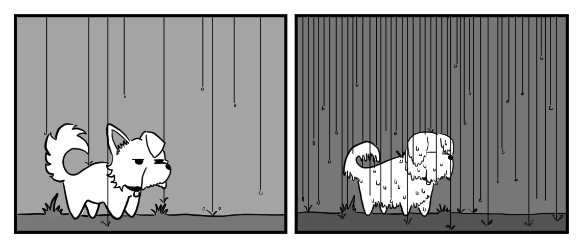 A white Westie/Maltese dog is standing in light rain over a gray background. In the next panel, the background darkens, the rain intensifies to a downpour, and the dog is drenched.